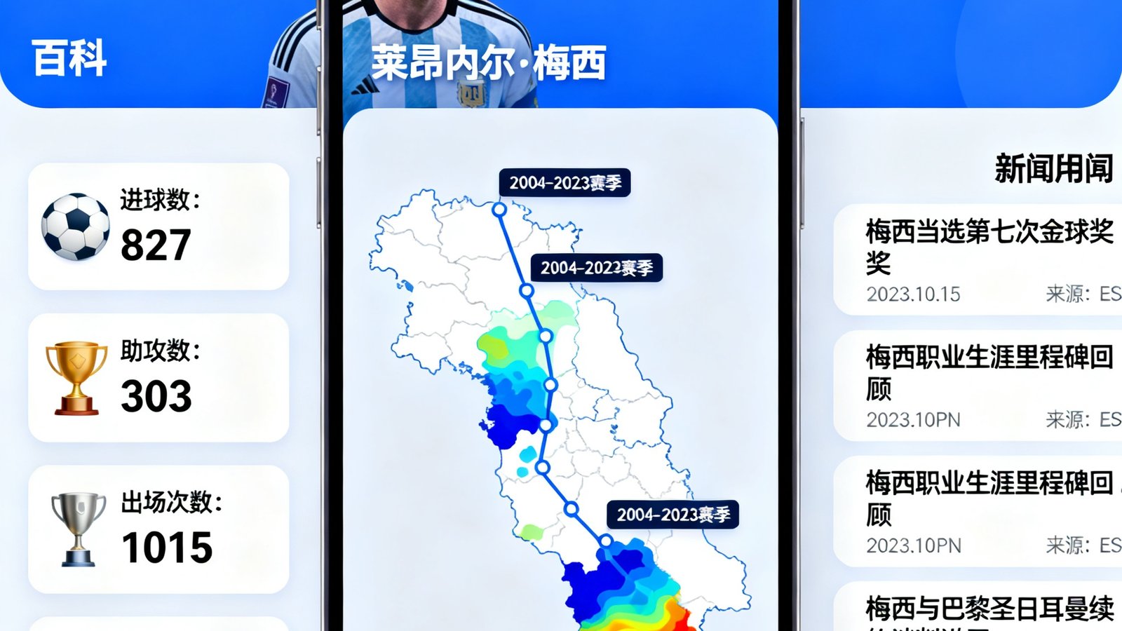 手机端球员百科页面展示梅西职业生涯数据统计、生涯热图以及相关新闻聚合流